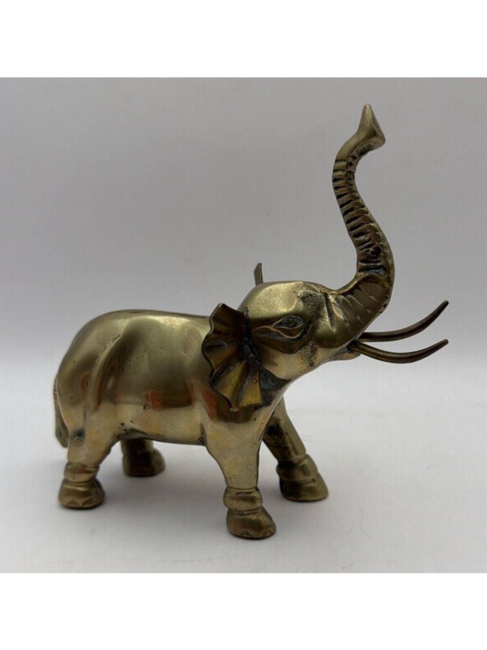 Solid Brass Elephant Trunk Up Good Luck 6" x 7" Vintage Patina